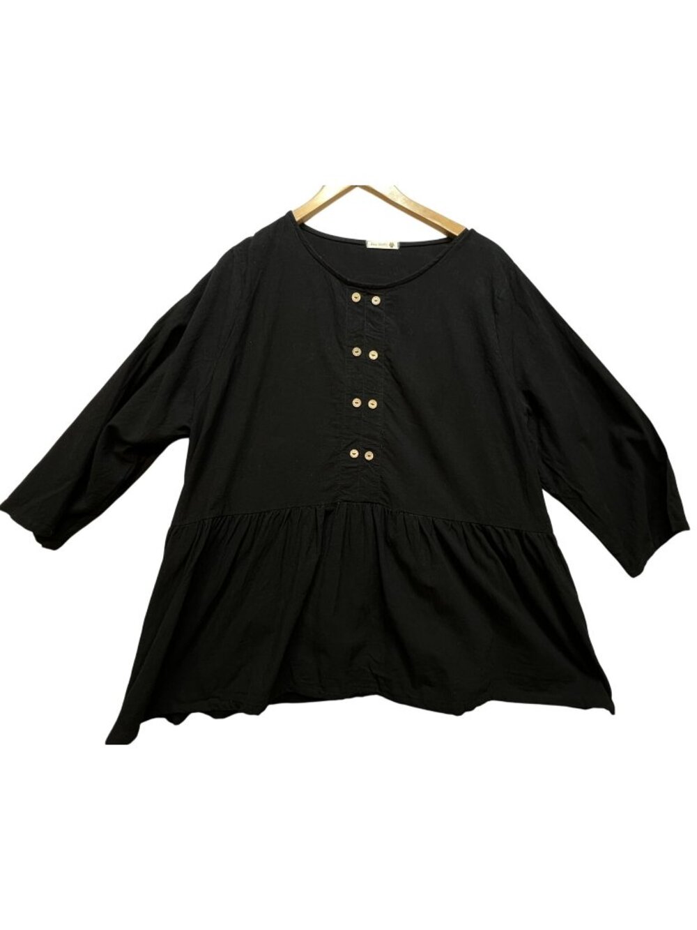 Bee Studio Womens Peplum Tunic Blouse Top L Black Linen Blend Crewneck Pullover